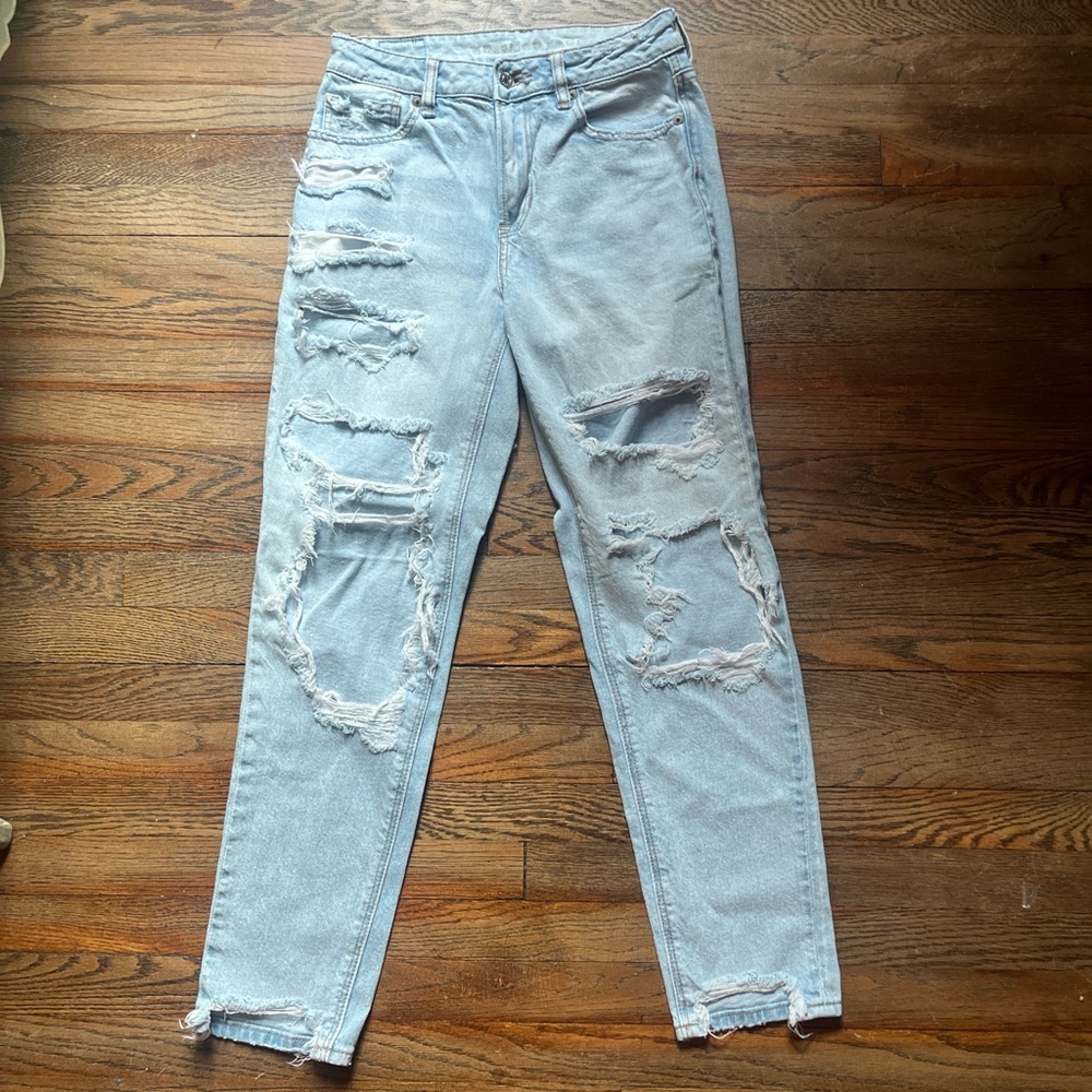 American Eagle Distressed Light Wash High Waisted Mom Jeans